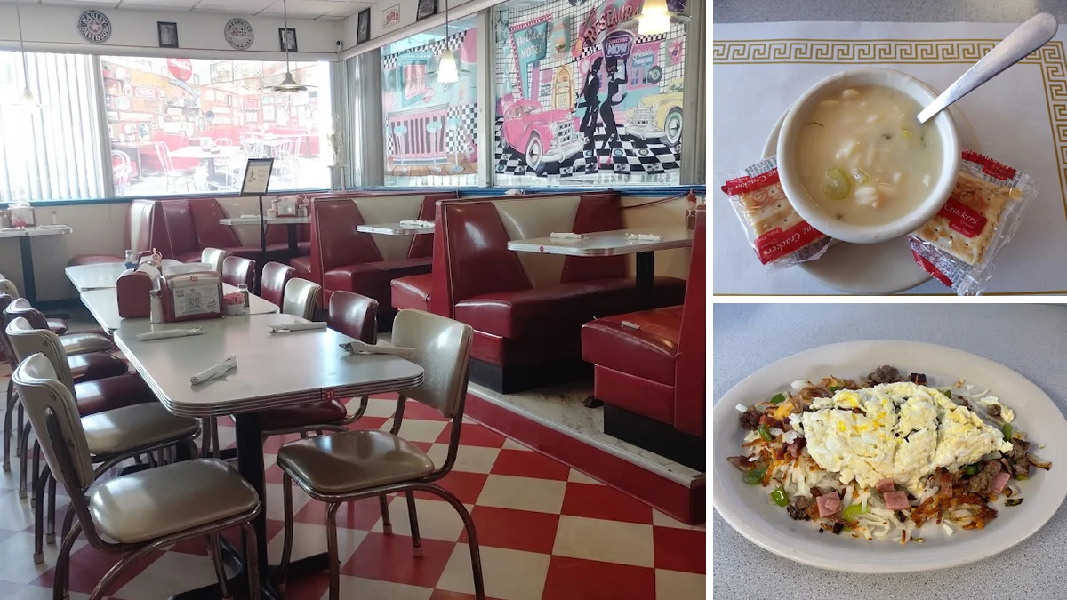 Classic diner booths with checkered flooring.