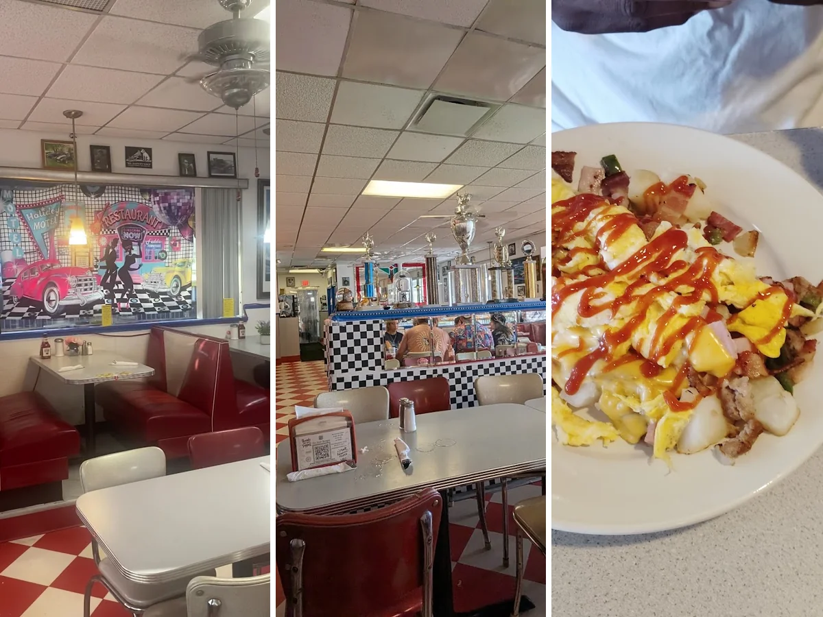 Chrome accents and retro diner seating.