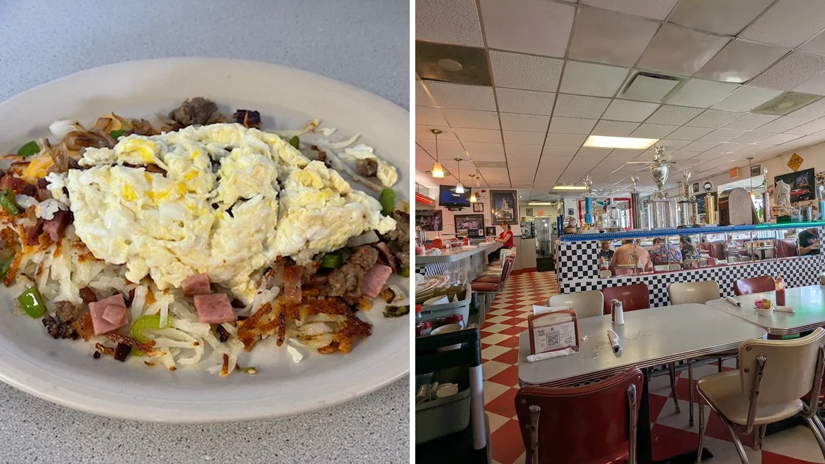 Classic diner booths with checkered flooring.