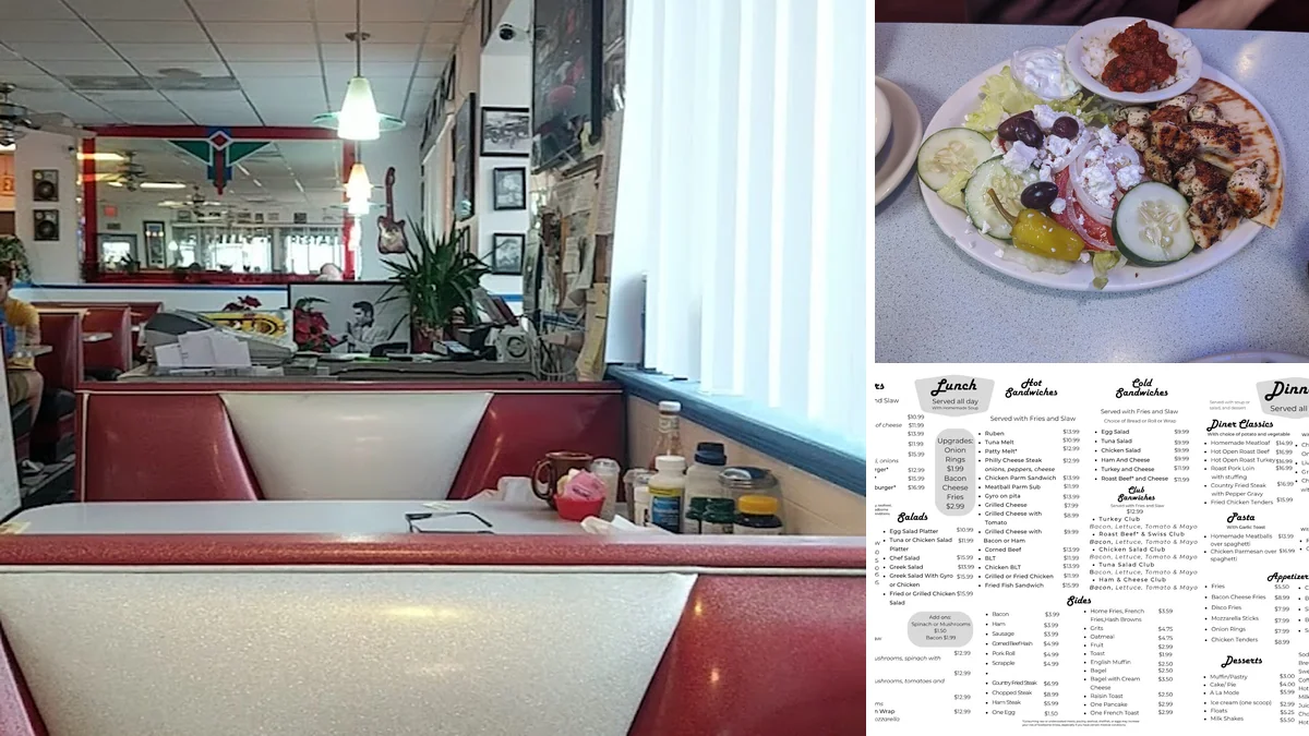 Classic diner booths with checkered flooring.